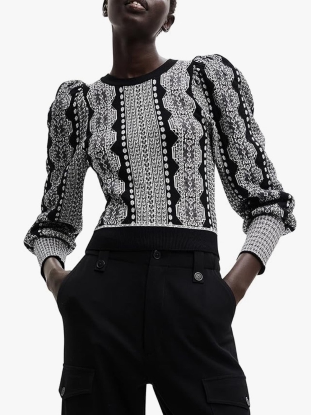 Desigual Black & White Knit Pattern Crewneck